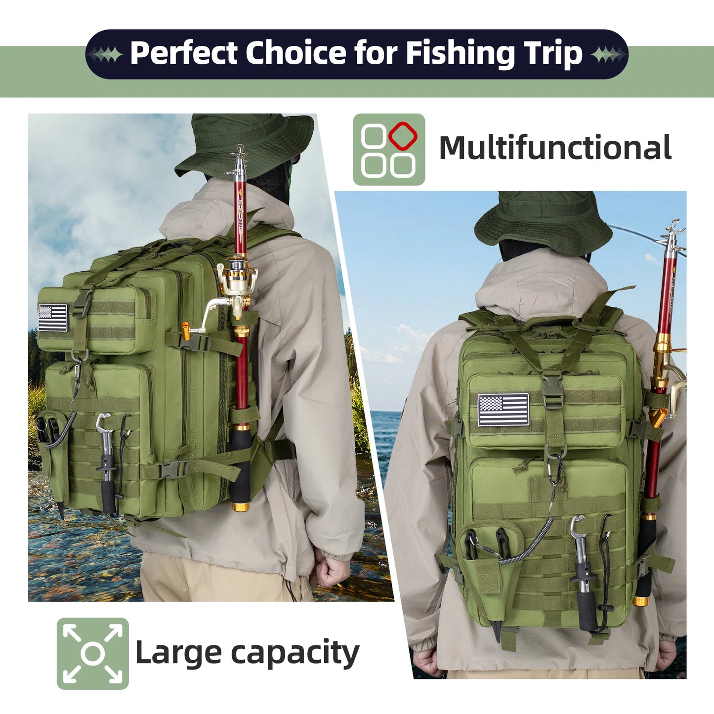 45L Multifunctional Fishing Hiking Backpack Travel Large Capacity Rucksacks Men Waterproof Outdoor