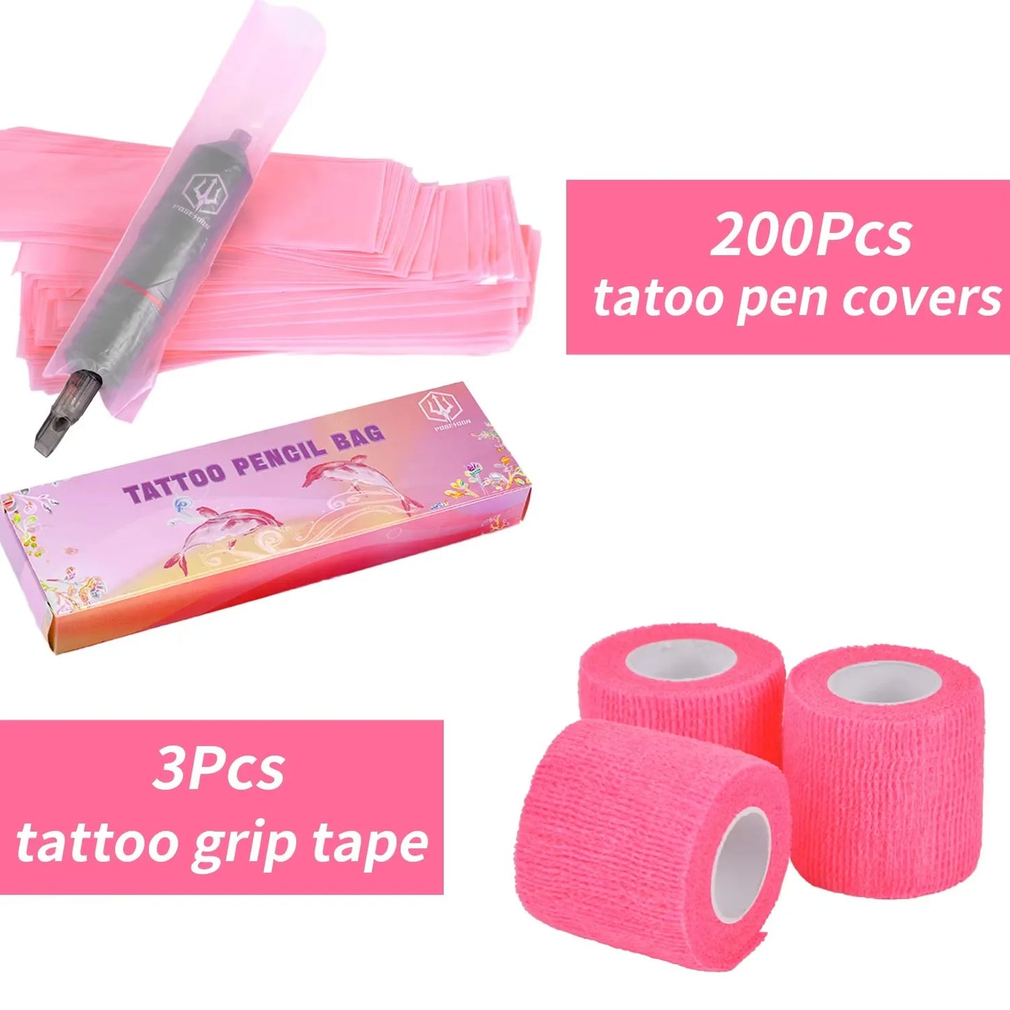 POSEIDON Tattoo Pencil Sleeve Bag Covers 200Pcs and 3Pcs Pink Bandage Tattoo Practice Accessories Supplies for Artist