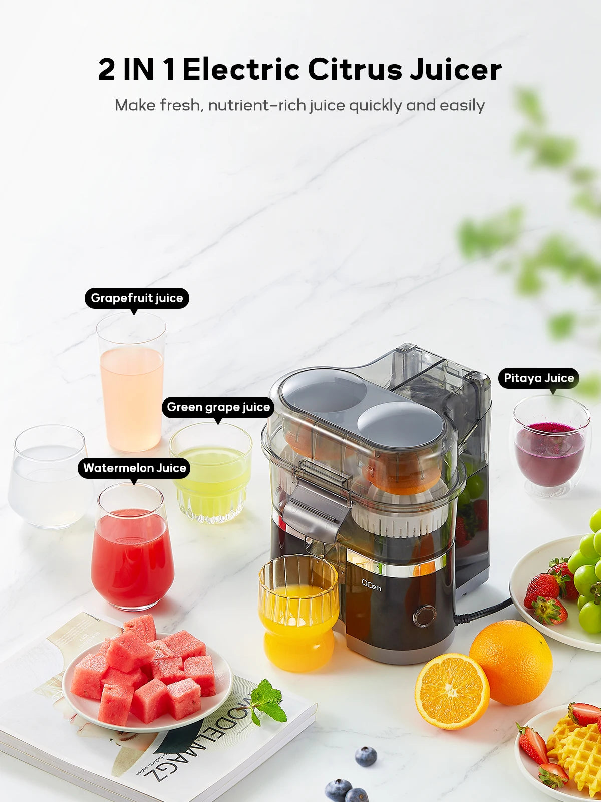 Electric Citrus Juicer, Automatic Dual Orange and Lemon Squeezer with Built-In Slicer