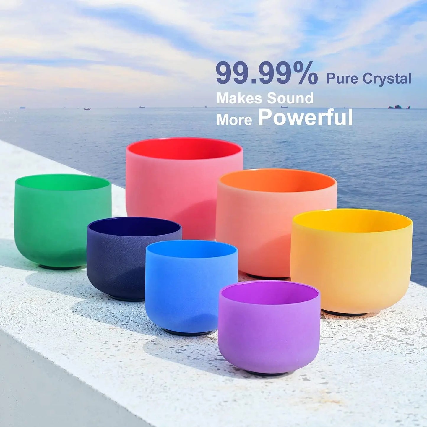 CVNC 440HZ 6-12 Inch Colored Frosted Chakra Quartz Crystal Singing Bowls Set of 7PCS with 2PCS Bags