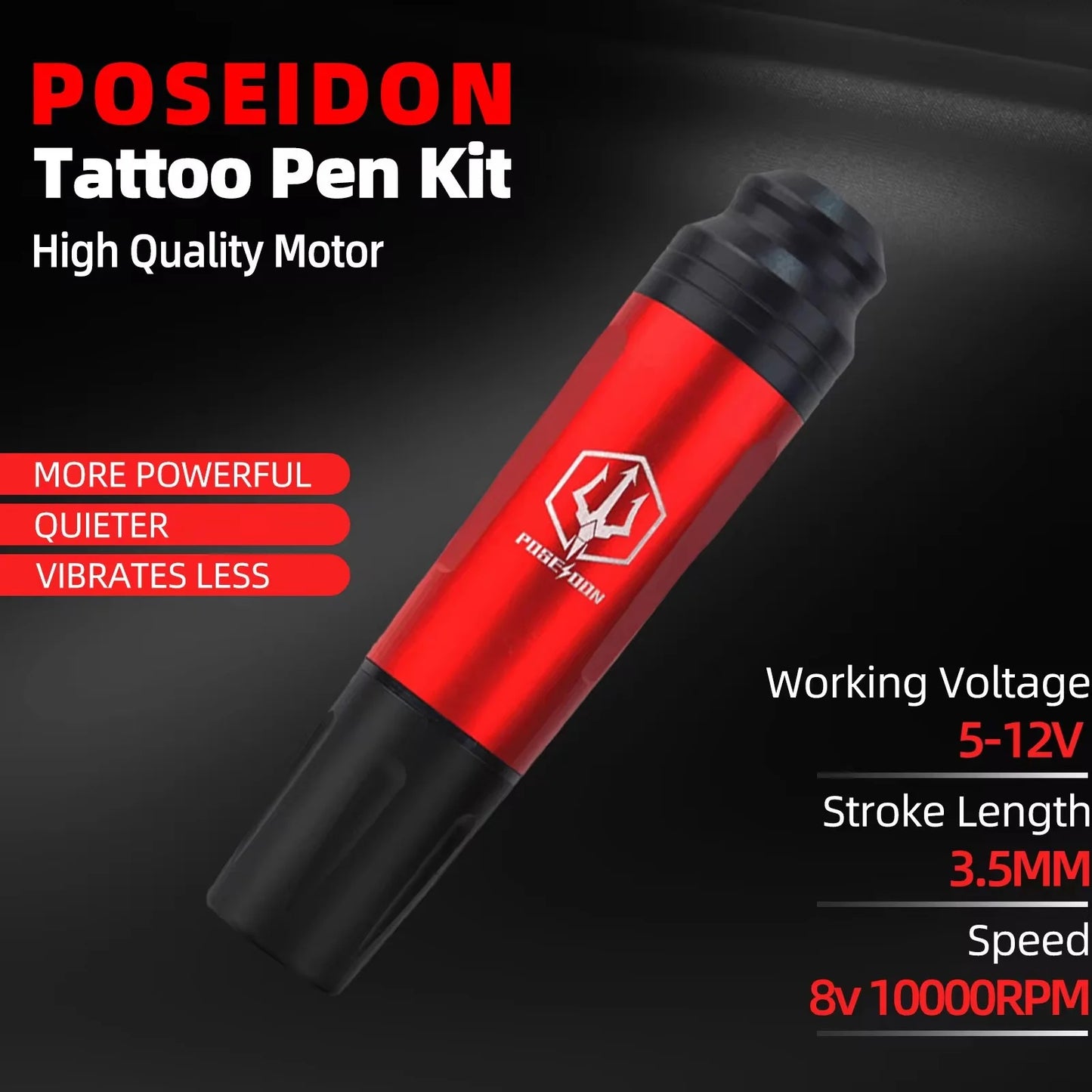 POSEIDON Red Tattoo Pen Machine Kit High Quality Motor Power Supply with Starting Inks