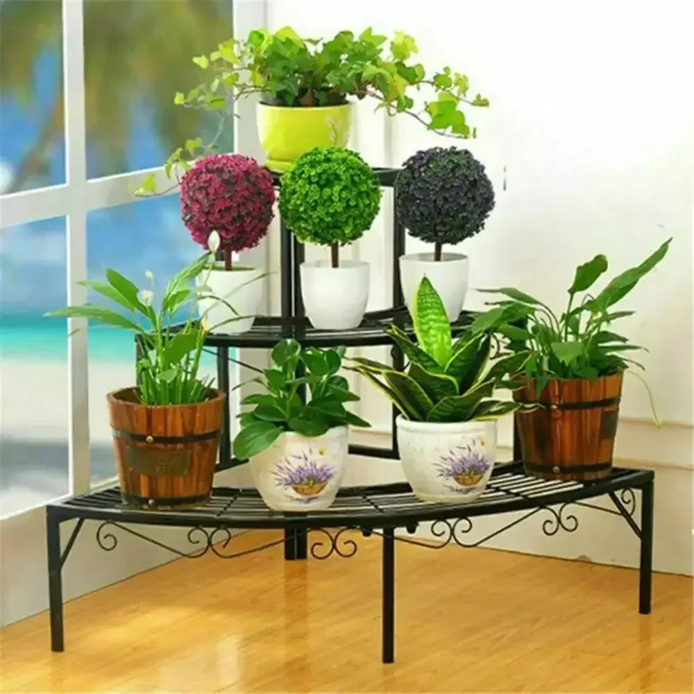 3-Tiers Metal Black Curved Corner Shelf Plant Stand