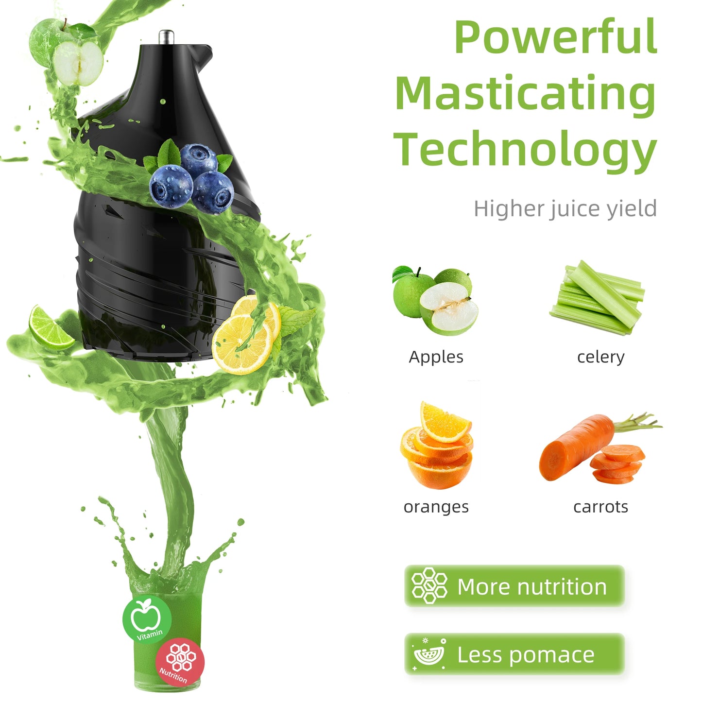 BioloMix Cold Press Juicer, 75mm Feed Chute, 200W 40-65RPM, Powerful Motor, Slow Masticating Fits Whole Fruits