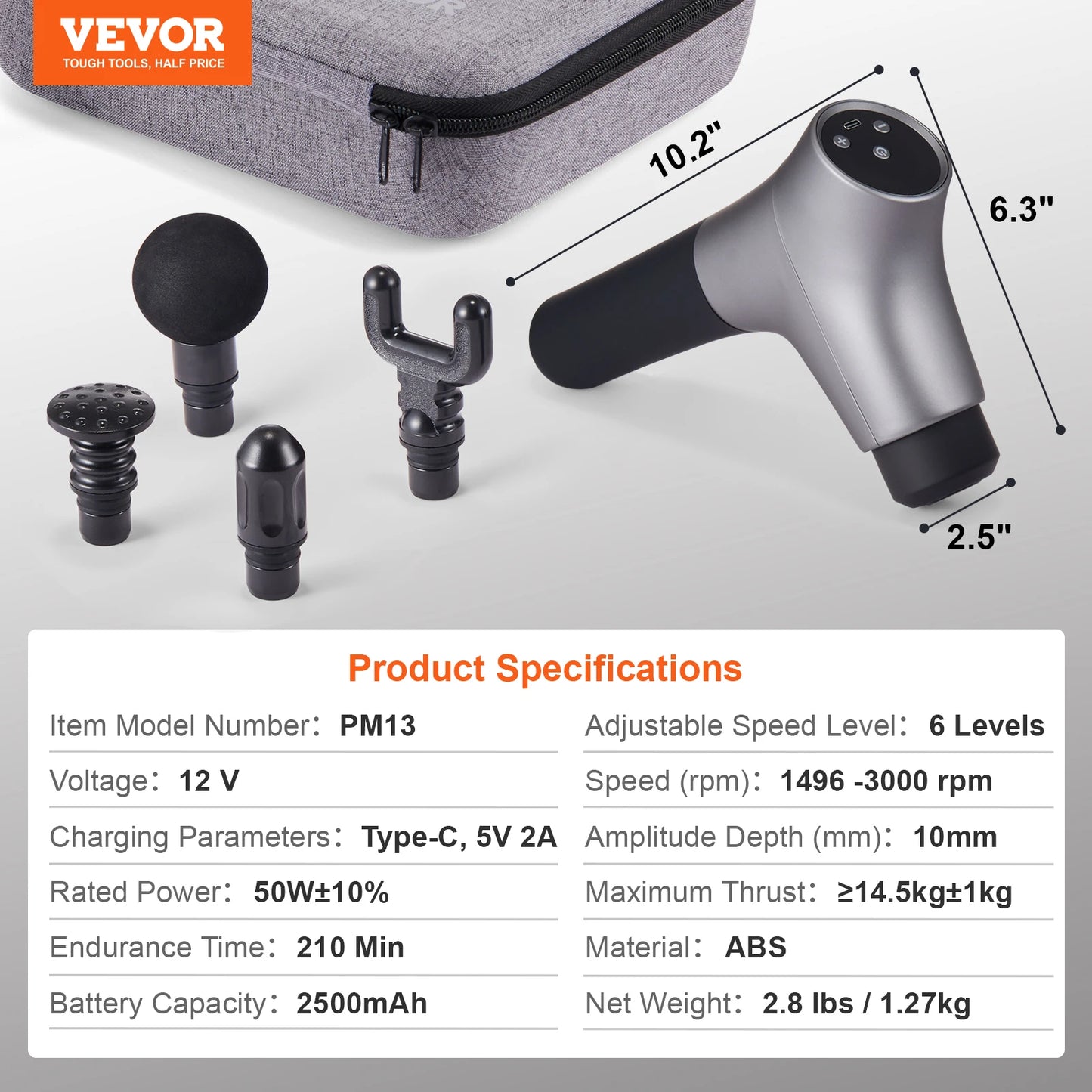 VEVOR Deep Tissue Percussion Muscle Massage Gun with 6 Speed Levels & 4 Massage Heads 12V 2500mAh