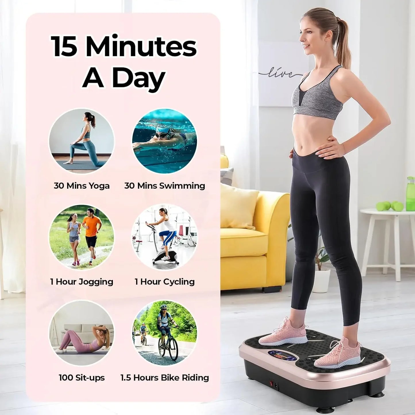 3D Vibration Plate Exercise Machine, Fitness Platform for Lymphatic Drainage, w/Loop Bands