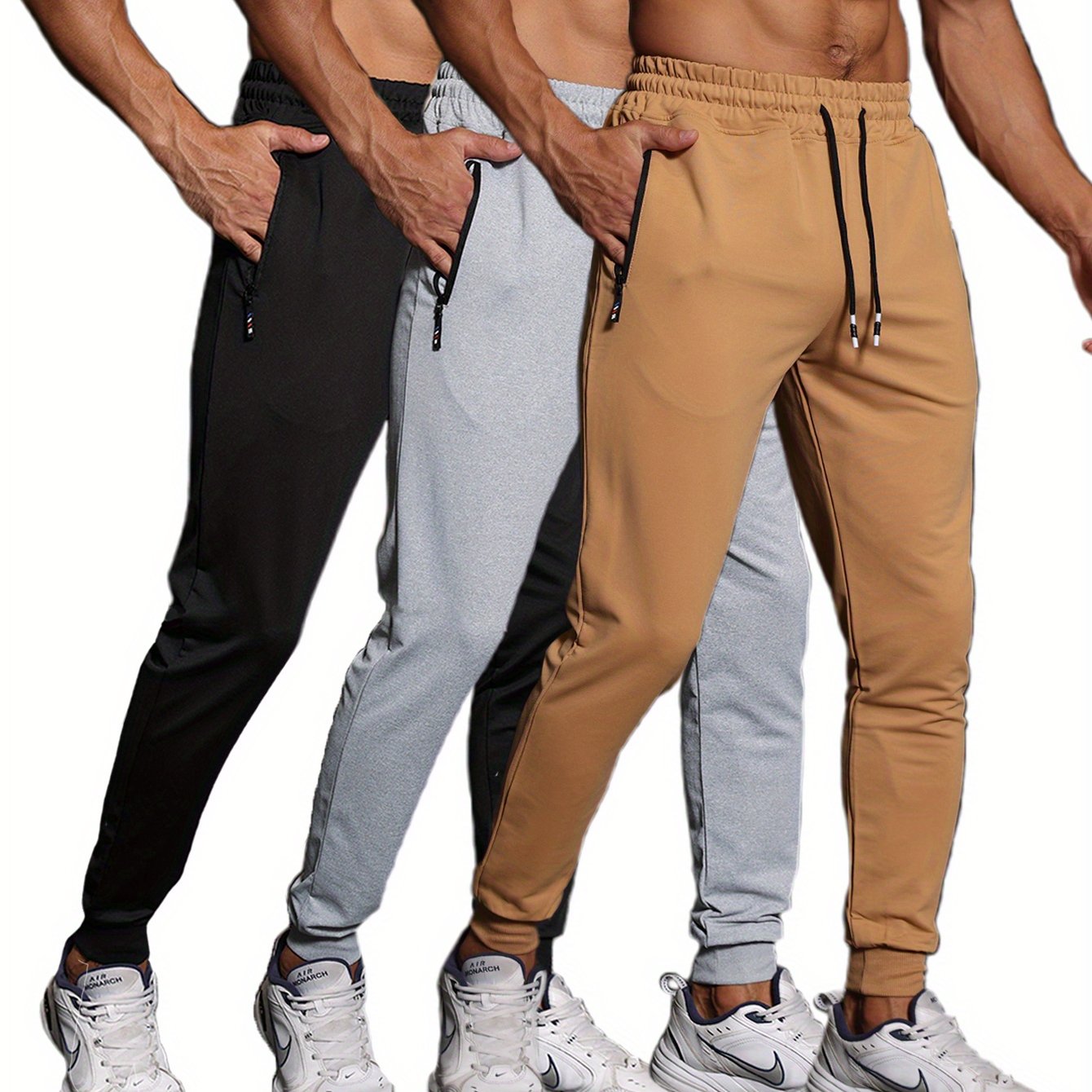 3-Pack Men's Athletic Sweatpants - Knit Fabric, Skinny Fit, Medium Stretch, with Zipper Pockets and Drawstring