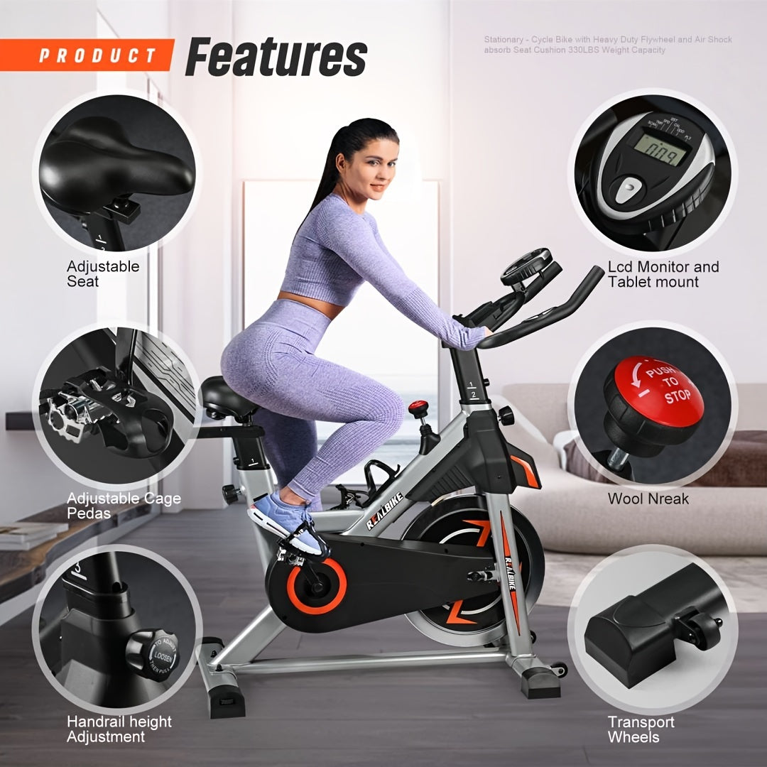 Indoor Exercise Bike with Silent Belt Drive ,Heavy-Duty Flywheel, Adjustable Seat & Upgraded LCD Display