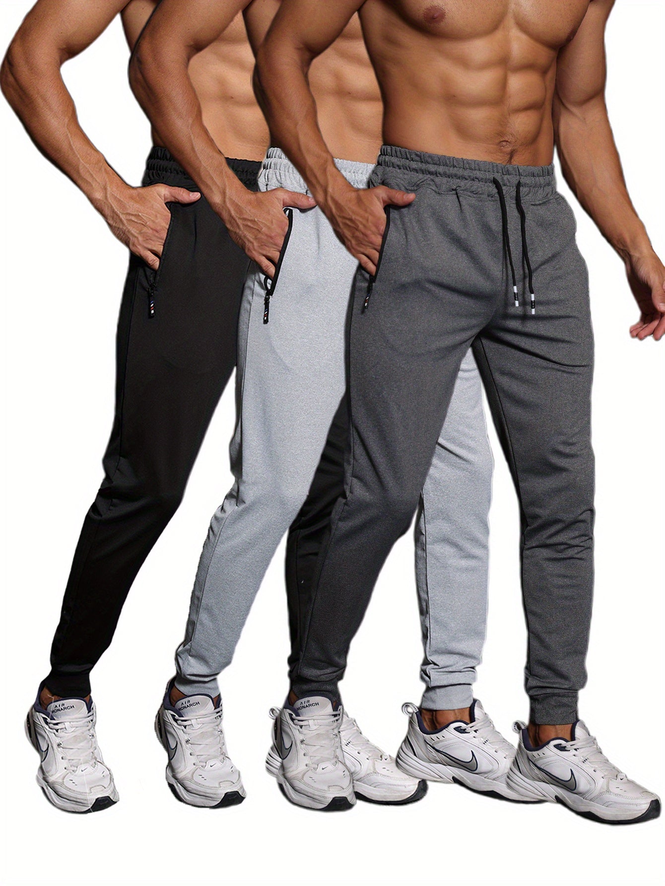 3-Pack Men's Athletic Sweatpants - Knit Fabric, Skinny Fit, Medium Stretch, with Zipper Pockets and Drawstring