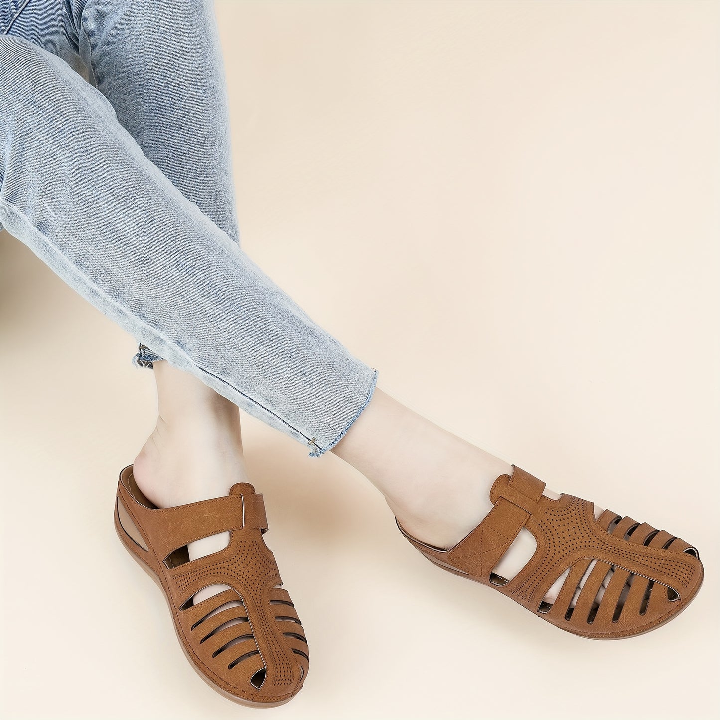 Women's Retro Wedge Sandals - Breathable Perforated Design, Closed Toe Slip-On with Arch Support