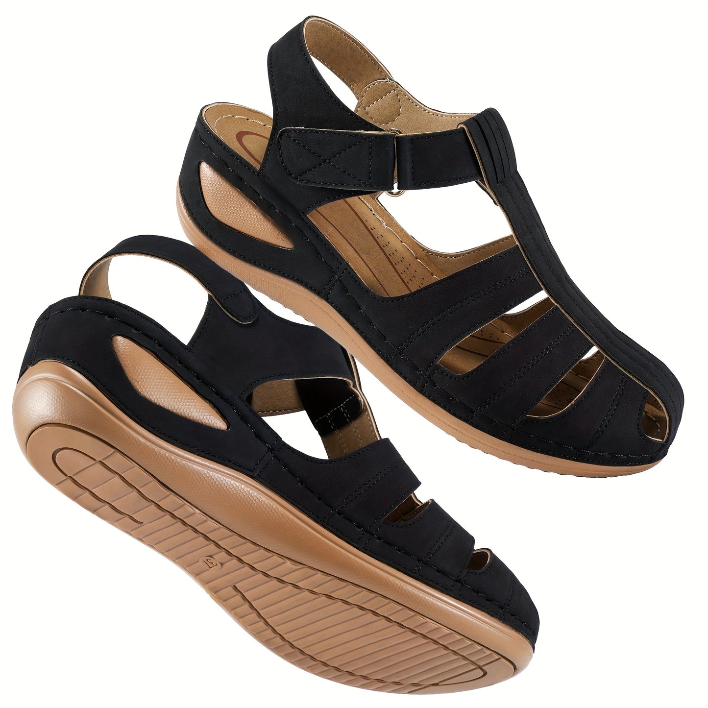 Women's Retro Wedge Sandals - Breathable Perforated Design, Closed Toe Slip-On with Arch Support