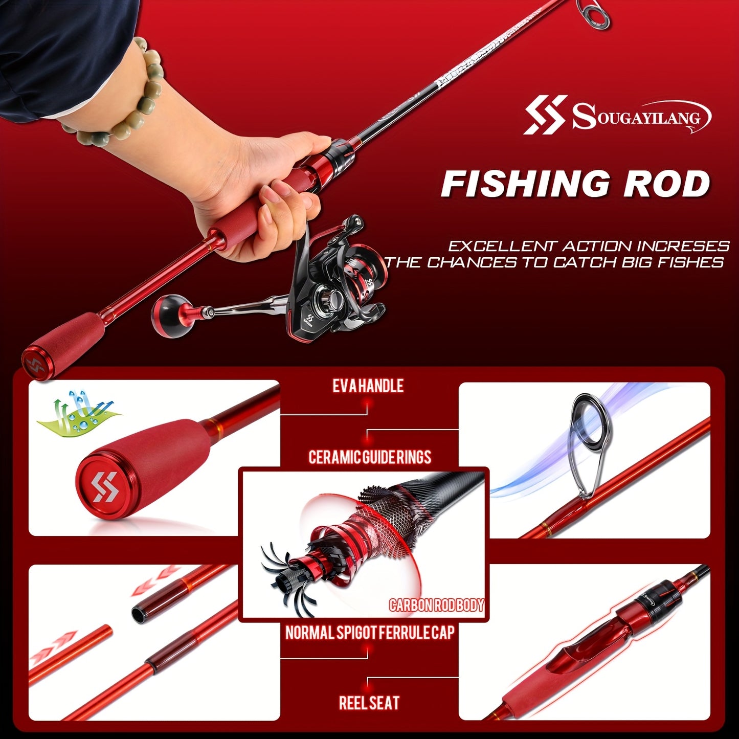 Sougayilang 4-12LBS Two Pieces Light Weight Fishing Pole With 12+1BB High Speed Powerful Gear Combo