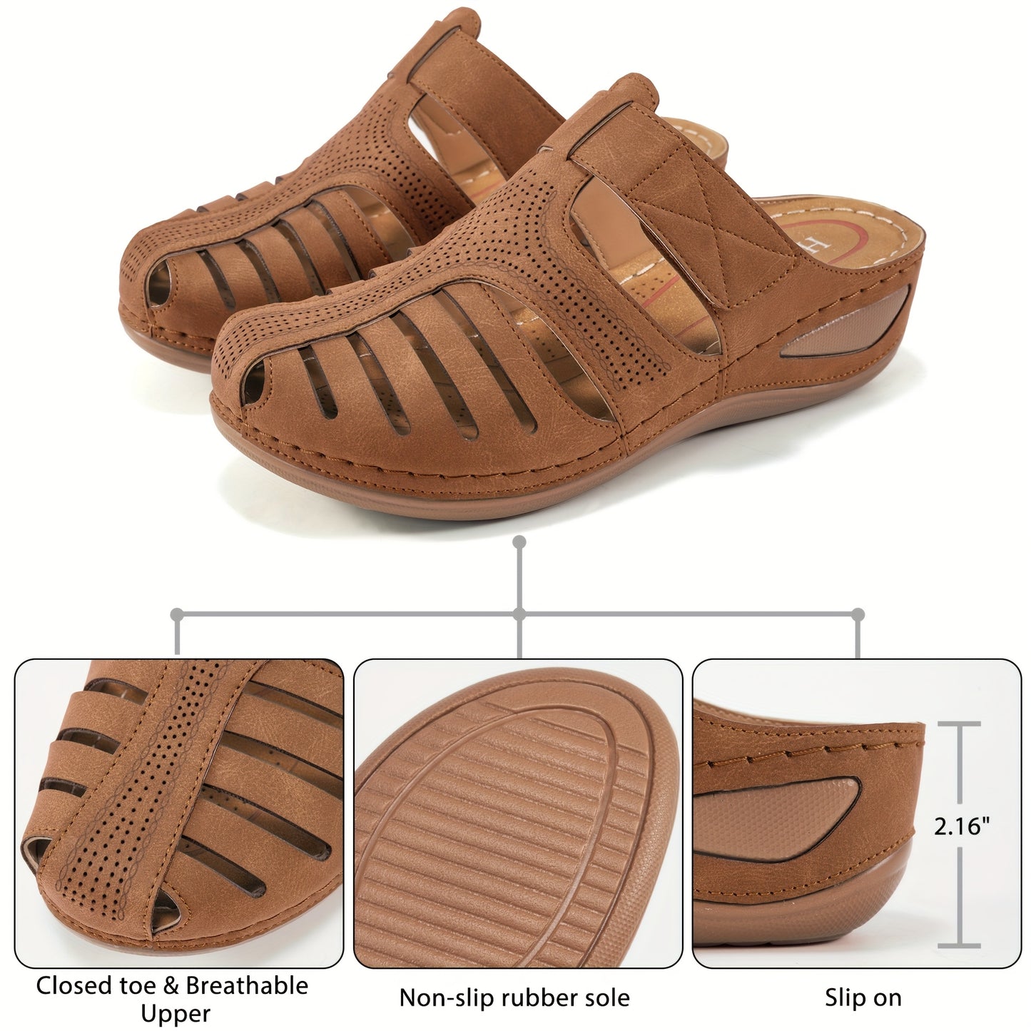 Women's Retro Wedge Sandals - Breathable Perforated Design, Closed Toe Slip-On with Arch Support