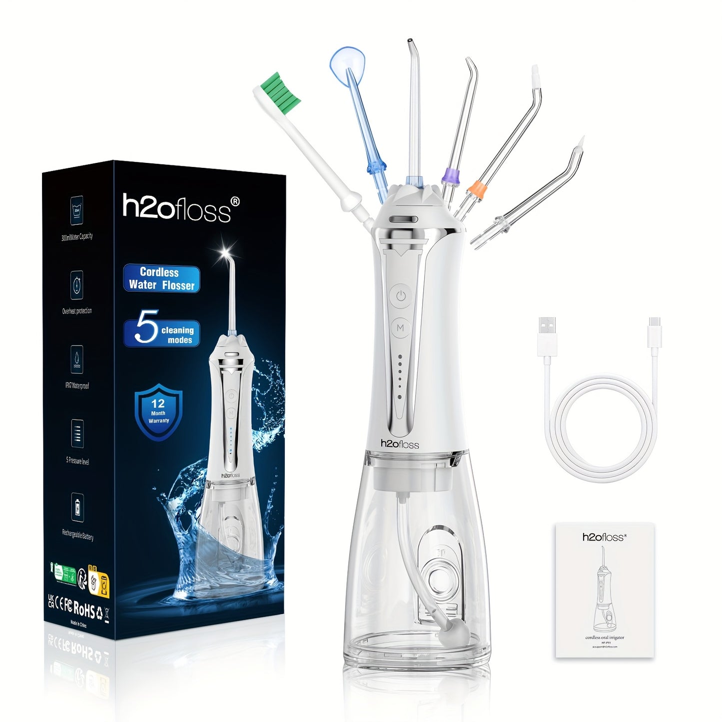 H2OFLOSS Cordless Water Flosser - 5 Modes, Portable, for Home & Travel, Professional Teeth Cleaning