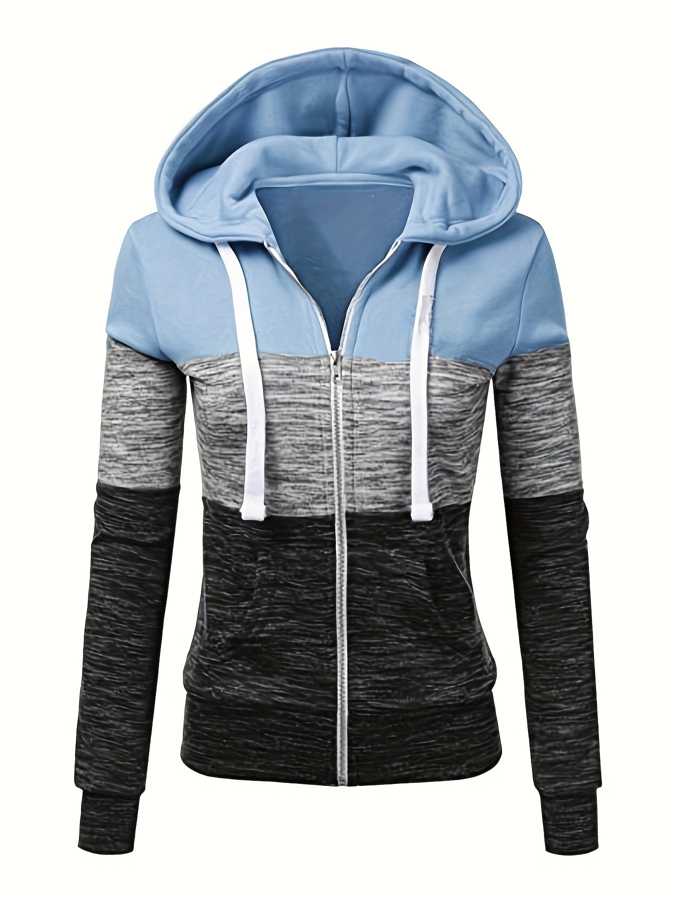 Women's All-Season Zipper Hoodie with Drawstring, Long Sleeve Knit Sweatshirt with Color Block Design