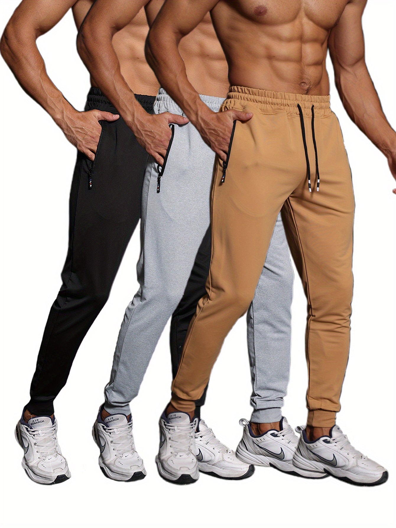 3-Pack Men's Athletic Sweatpants - Knit Fabric, Skinny Fit, Medium Stretch, with Zipper Pockets and Drawstring