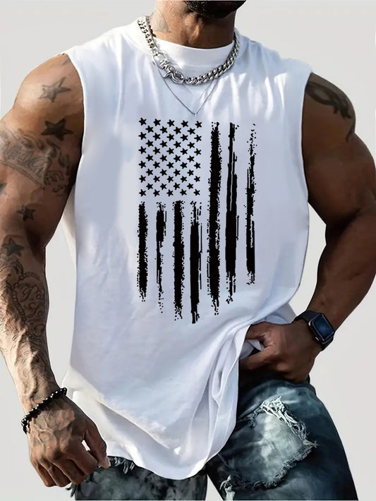 Men's Breathable 100% Cotton Sleeveless Tank Top with American Flag Print