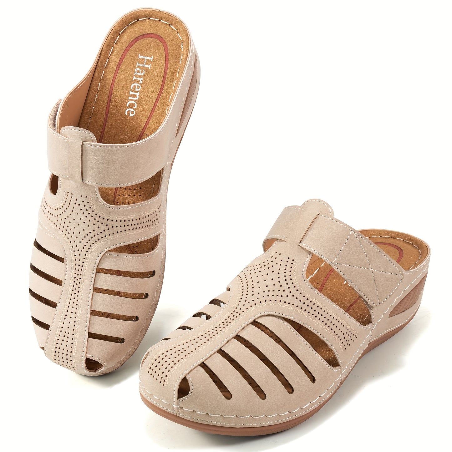 Women's Retro Wedge Sandals - Breathable Perforated Design, Closed Toe Slip-On with Arch Support