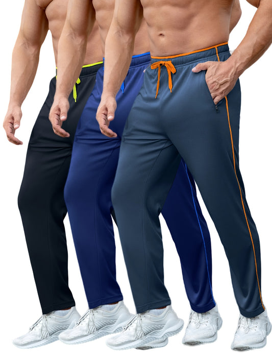 Men's 3 Pack Athletic Sweatpants - Open Bottom, Pocketed, Workout, Running, Training, Jogging Pants